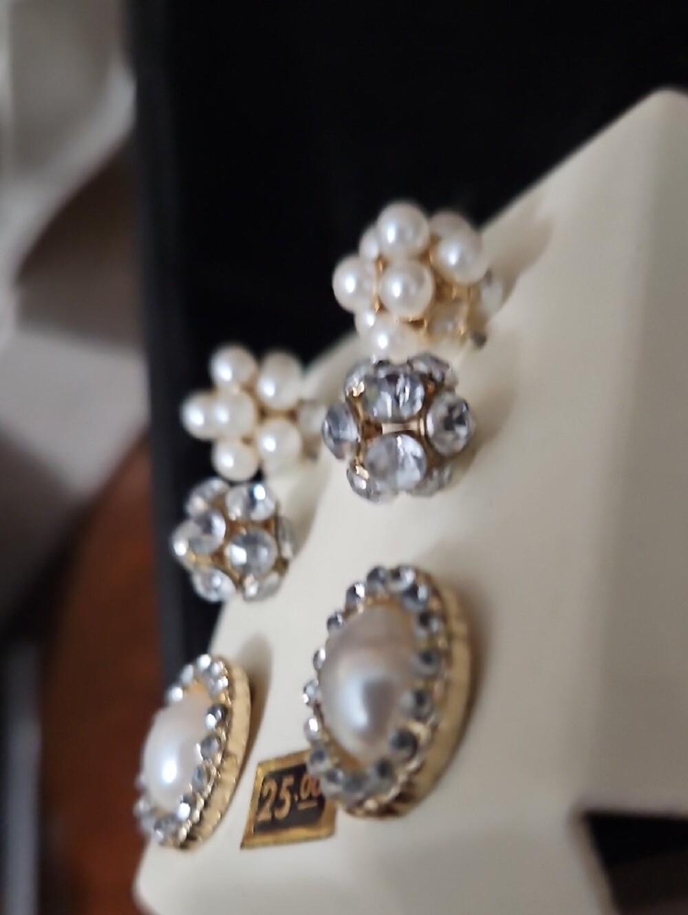 Elegant Pearl and Crystal Stud Earring Set - Gold Tone - Picture 4 of 5